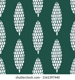 Seamless pattern with hand drawn doodle pine and fir conifer cones. Vector winter decoration with white drawing on dark green background. New Year and Christmas poster, textile, fabric print template