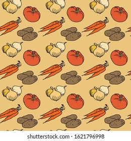 Seamless pattern with hand drawn doodle vegetables. Texture for textile, wrapping paper. Vegetarian healthy food. Vegan, farm, organic, natural, vector