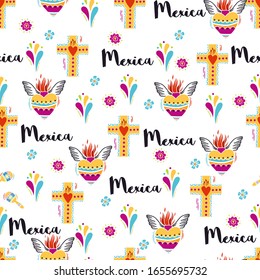 seamless pattern with hand drawn doodle Mexica elements
