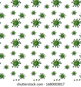 Seamless pattern of hand drawn doodle Novel Coronavirus  icon. Vector illustration. Cartoon virus molecule background. Sketch 2019-nCov symbol COVID-19 resposible for influenza outbreak. 