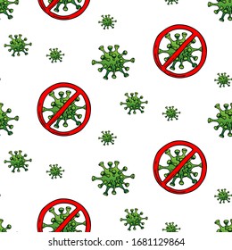 Seamless pattern of hand drawn doodle Novel Coronavirus  icon. Vector illustration. Cartoon virus molecule background. Sketch 2019-nCov symbol COVID-19 resposible for influenza outbreak. 