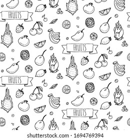 Seamless pattern Hand drawn doodle tropical fruits set Vector illustration Seasonal berry background symbols collection Sketch style Cartoon different kinds of greengrocery Cherry, Mango, Banana