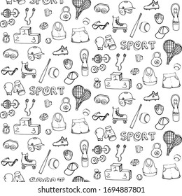 Seamless Pattern. Hand Drawn Doodle Sport Set. Vector Illustration. Sketchy Icons Such As Headphones, Weights, Water Bottle, Helmet, Running Shoes, Fitness Clothes. Tennis Baseball Boxing Background