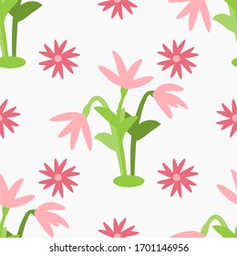 Seamless pattern with hand drawn doodle flowers and leaves. Floral vector background.