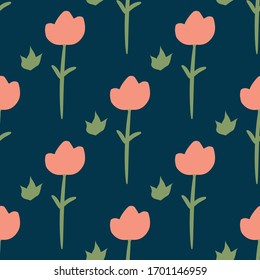 Seamless pattern with hand drawn doodle flowers and leaves. Floral vector background.