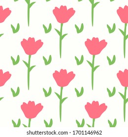 Seamless pattern with hand drawn doodle flowers and leaves. Floral vector background.