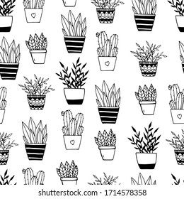 Seamless pattern of hand drawn doodle home plants. Illustration in doodle style for wedding decoration, card, greeting, print and other floral vintage design.