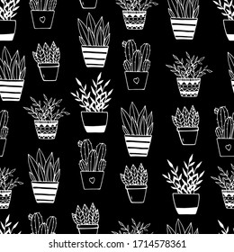 Seamless pattern of hand drawn doodle home plants. Illustration in doodle style for wedding decoration, card, greeting, print and other floral vintage design.