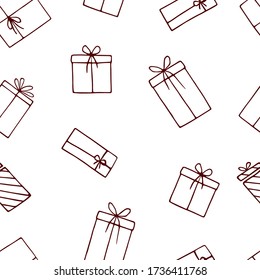 Seamless pattern with hand drawn doodle gift boxes. Christmas seamless background for cards, posters, wrapping paper, scrapbooking, banners, textile. 