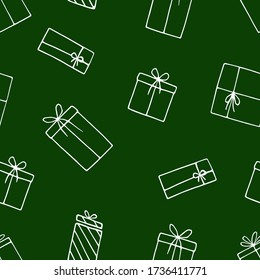 Seamless pattern with hand drawn doodle gift boxes. Christmas seamless background for cards, posters, wrapping paper, scrapbooking, banners, textile. 