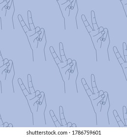 Seamless pattern of hand drawn doodle sketch peace sign. Silhouette contour on a blue background. Expression gesture. Designed for textile, wrapping paper, fabric print. Vector illustration.