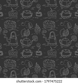 seamless pattern of hand drawn Doodle chalk tea cake set on a black background. Vector image eps 10