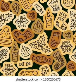Seamless pattern Hand drawn Doodle Christmas, New Year. Background with holiday theme. Colorful detailed Vector illustration