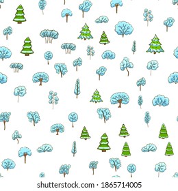 Seamless pattern, hand drawn doodle trees. Winter, covered in snow, light blue.