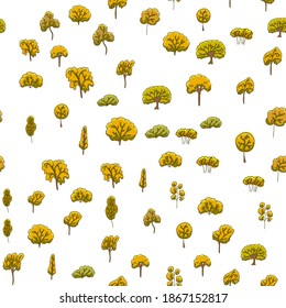 Seamless pattern, hand drawn doodle trees. Fall, autumn, yellow, orange foliage.