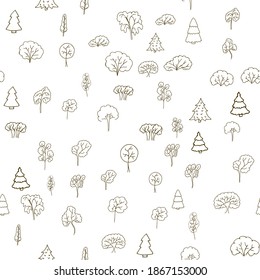 Seamless pattern, hand drawn doodle trees. Outlines, thin brown lines.