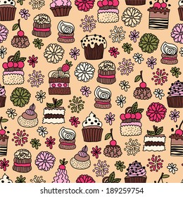 Seamless pattern of hand drawn doodle cakes, desserts for textiles, interior design, for book design, website background