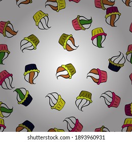 Seamless pattern with hand drawn doodle desserts: cupcakes, cake, pie, muffins. Vector illustration. Cute birthday background on black, yellow and white.