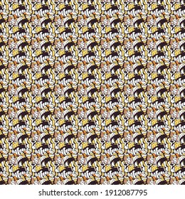 Seamless pattern with hand drawn doodle desserts: cupcakes, cake, pie, muffins. Vector illustration. Cute birthday background on white, black and yellow.