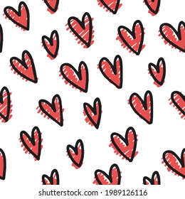 Seamless pattern with hand drawn doodle hearts. Love, romance concept, Valentines Day concept