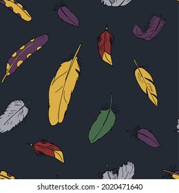 Seamless pattern with hand drawn doodle boho feathers. Bohemian texture. On gray blue background.