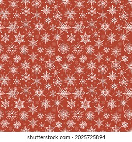 Patrón sin foco con copos de nieve de doodle dibujados a mano. Se puede usar para papel tapiz, rellenos de patrones, textil, fondo de página web, texturas superficiales