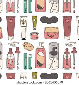 seamless pattern with hand drawn doodle elements of facial skin care products including serum, lip balm, moisturizing hand cream, face cream, eye cream, nose strip, cleanser, sponge