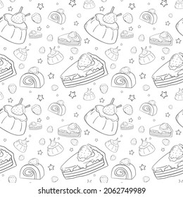 Seamless pattern with hand drawn doodle desserts cupcakes, cake, Strawberry, pudding, Jam roll