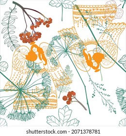 Seamless pattern of hand drawn doodle style autumn plants and angels. Vector illustration.