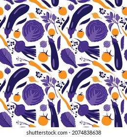 Seamless pattern with hand drawn doodle vegetables. Repeated background with eggplant, onion, carrots, tomatoes and cabbage in purple and orange colors. Healthy vegan fresh menu, flat style.