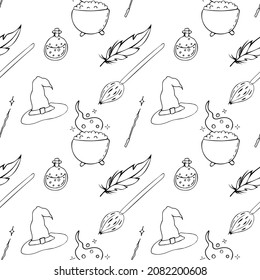 Seamless pattern of  hand drawn doodle black contour,  outline witch hat, magic wand, potion, broomstic and  feather. Vector illustration isolated.