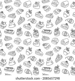 Seamless pattern with hand drawn doodle cakes. Confectionary background. Vector illustration.