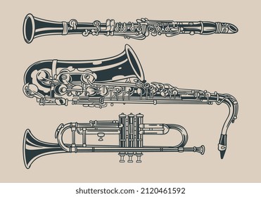 Seamless pattern with hand drawn doodle classical Musical Instrument. A collection of classical musical instruments that are blown. Vector illustration.