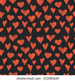 Seamless pattern with hand drawn doodle hearts. Romantic tiling background.