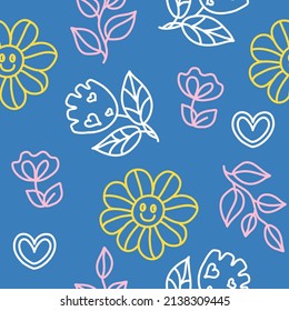 Seamless pattern with hand drawn doodle flowers. Trendy, lovely design, perfect for prints and patterns, textile, fabric, children background. Groovy, retro decoration. Spring linear decor