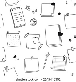 Seamless pattern of hand drawn doodle notepads, square sheets. Sketch paper clips, pins, paper torn from a notebook. Vector illustration of a pattern of school supplies on a white background.