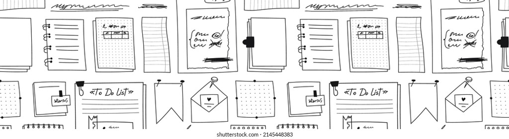 Seamless pattern of hand drawn doodle notepads, square sheets. Sketch paper clips, pins, paper torn from a notebook. Vector illustration of a pattern of school supplies on a white background.