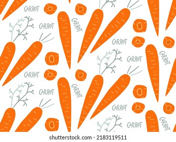 Seamless Pattern With Hand Drawn Doodle Carrot. Farmer Market Logo. Vegetable Ingredient, Orange Root Plant. Repeated Organic Food Eco Template For Textile, Fabric, Paper, Wallpaper, Packaging