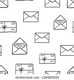Seamless pattern with Hand drawn doodle mail. Open envelope with letter and envelope with stamp