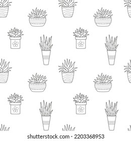 Seamless pattern with hand drawn doodle outline potted cactuses. Home plant, linear succulent. Vector black and white illustration on white background