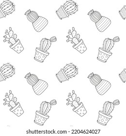 Seamless pattern with hand drawn doodle outline potted cactuses. Home plant, linear succulent. Vector black and white illustration on white background