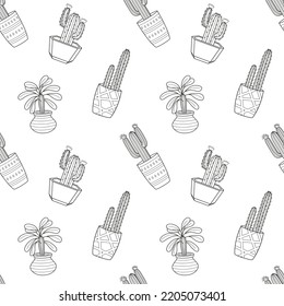 Seamless pattern with hand drawn doodle outline potted cactuses. Home plant, linear succulent. Vector black and white illustration on white background