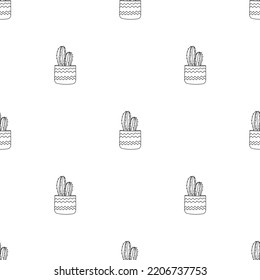 Seamless pattern of hand drawn doodle succulent in pot. Black and white Line art cacti. Hand drawn cute cactus for cards,posters, fabric