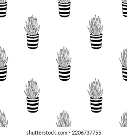 Seamless pattern of hand drawn doodle aloe vera in pot. Black and white Line art cacti. Hand drawn cute cactus for cards,posters, fabric