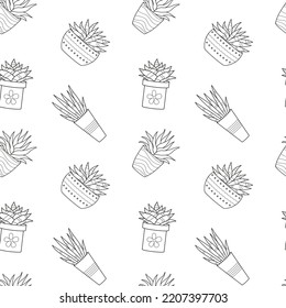 Seamless pattern with hand drawn doodle outline potted cactuses. Home plant, linear succulent. Vector black and white illustration on white background