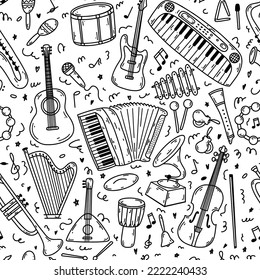 Seamless pattern with hand drawn doodle musical instruments. Vector sketch illustration set, black outline art collection for web design, icon, print, coloring page.