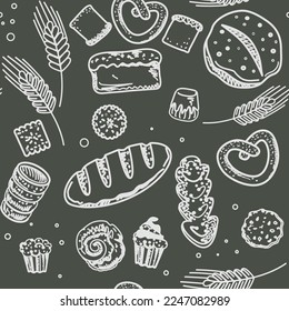 Seamless pattern. Hand drawn doodle bakery products and pastries. Bakery background for wrapping paper and textile.