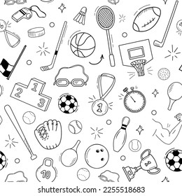 Patrón sin inconvenientes con íconos deportivos de doodle dibujados a mano. Fondo monocromo. Baloncesto, béisbol, tenis, golf y boliche.