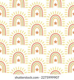 Seamless pattern of hand drawn doodle boho style rainbows and star on isolated background. Design for springtime, summertime, mother's day, Easter, wedding celebration, nursery decor, scrapbooking.
