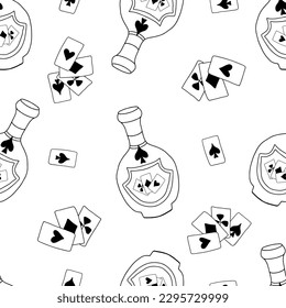 Seamless pattern with hand drawn doodle cognac bottle with playing cards on the label. Black elements on a white background